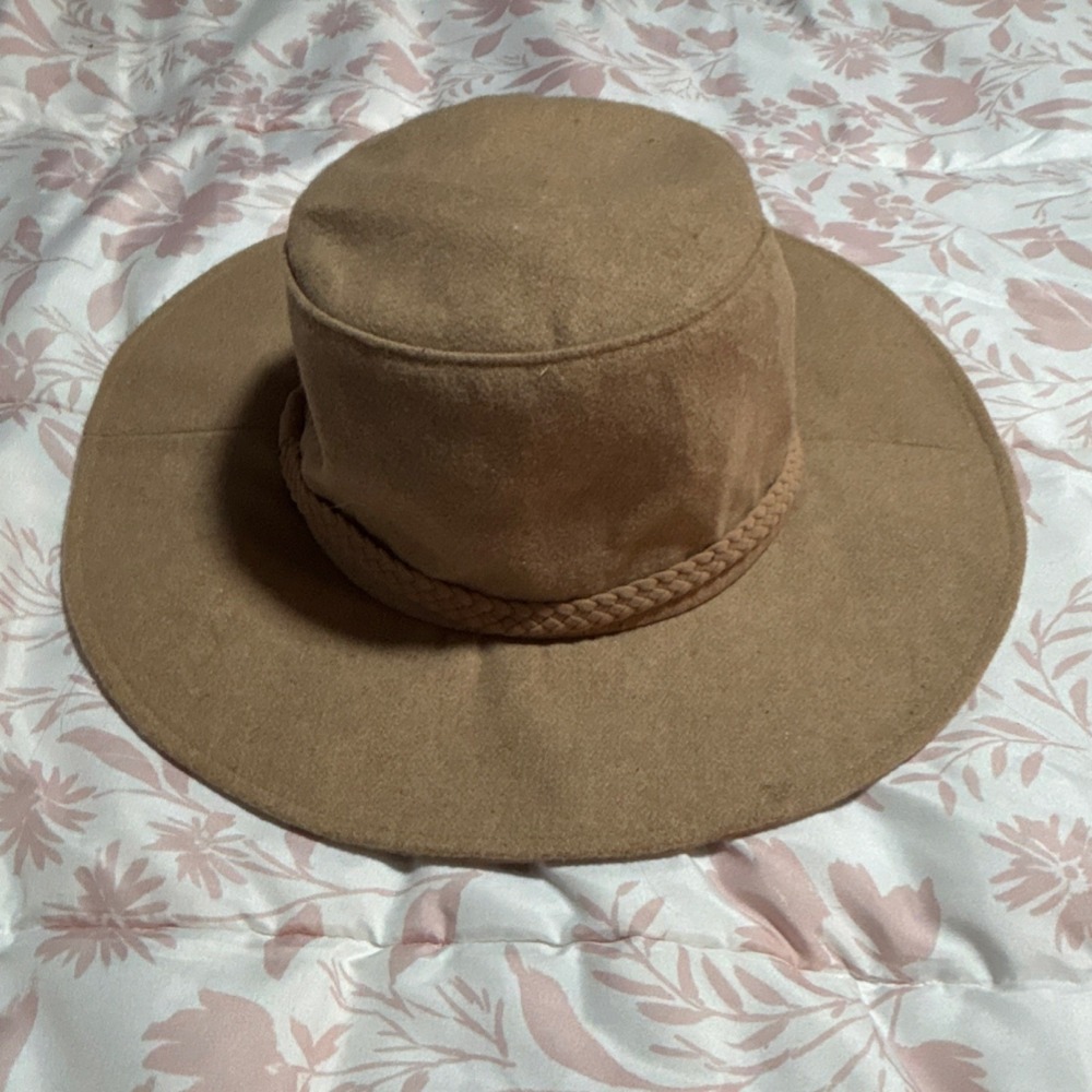 ASN Wide Brim Brown Sun Hat One Size Polyester Acrylic Wool Braided Accent